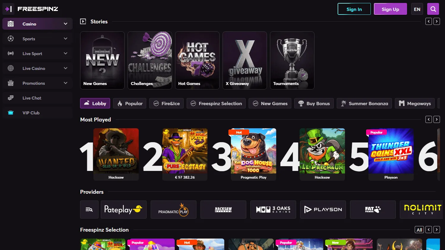 Freespinz Casino desktop games area with casino and live play options