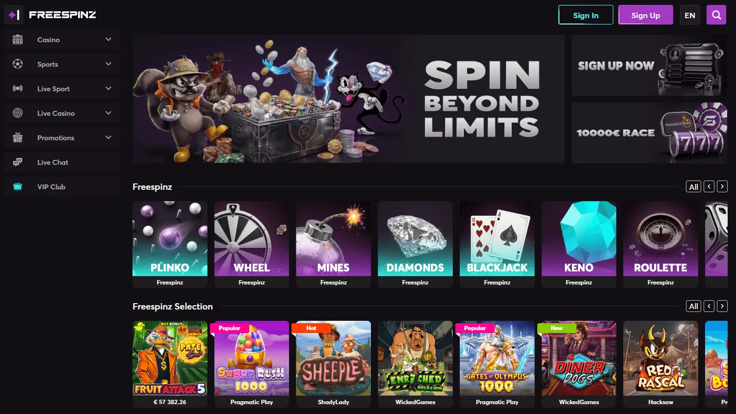 Freespinz Casino desktop home with casino and sportsbook access