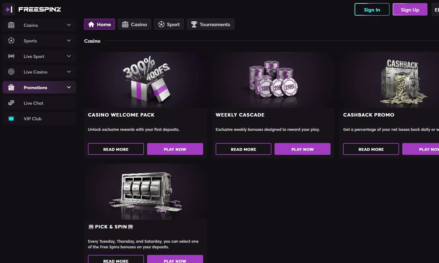 Freespinz Casino desktop promotions area with bonuses and tournament rewards