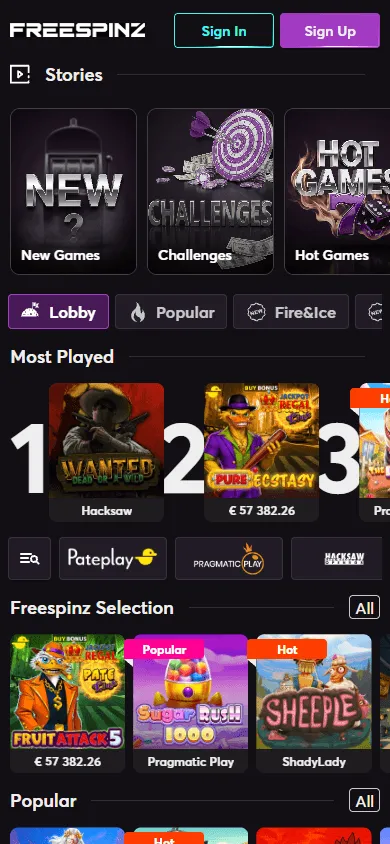 Freespinz Casino mobile games area with casino and live play options