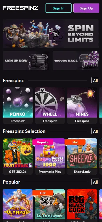 Freespinz Casino mobile home with casino and sportsbook access