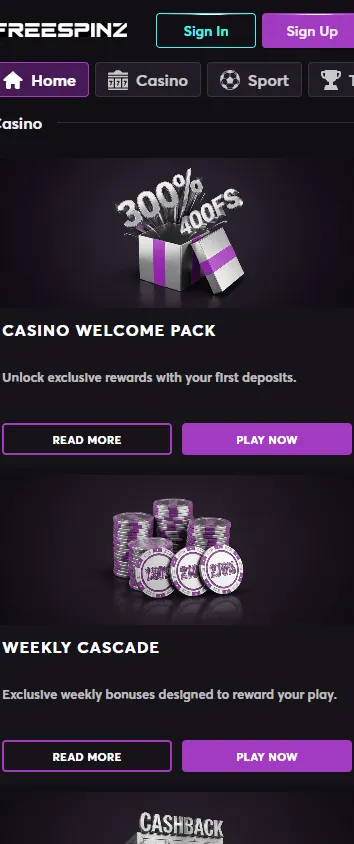 Freespinz Casino mobile promotions area with bonuses and tournament rewards